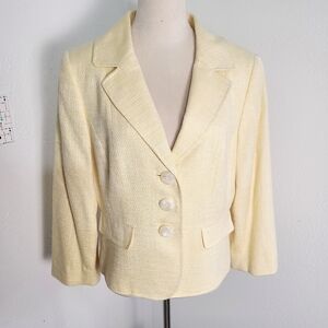 Alex Marie Pale Yellow Textured Tweed Three-Button Blazer, Size 12